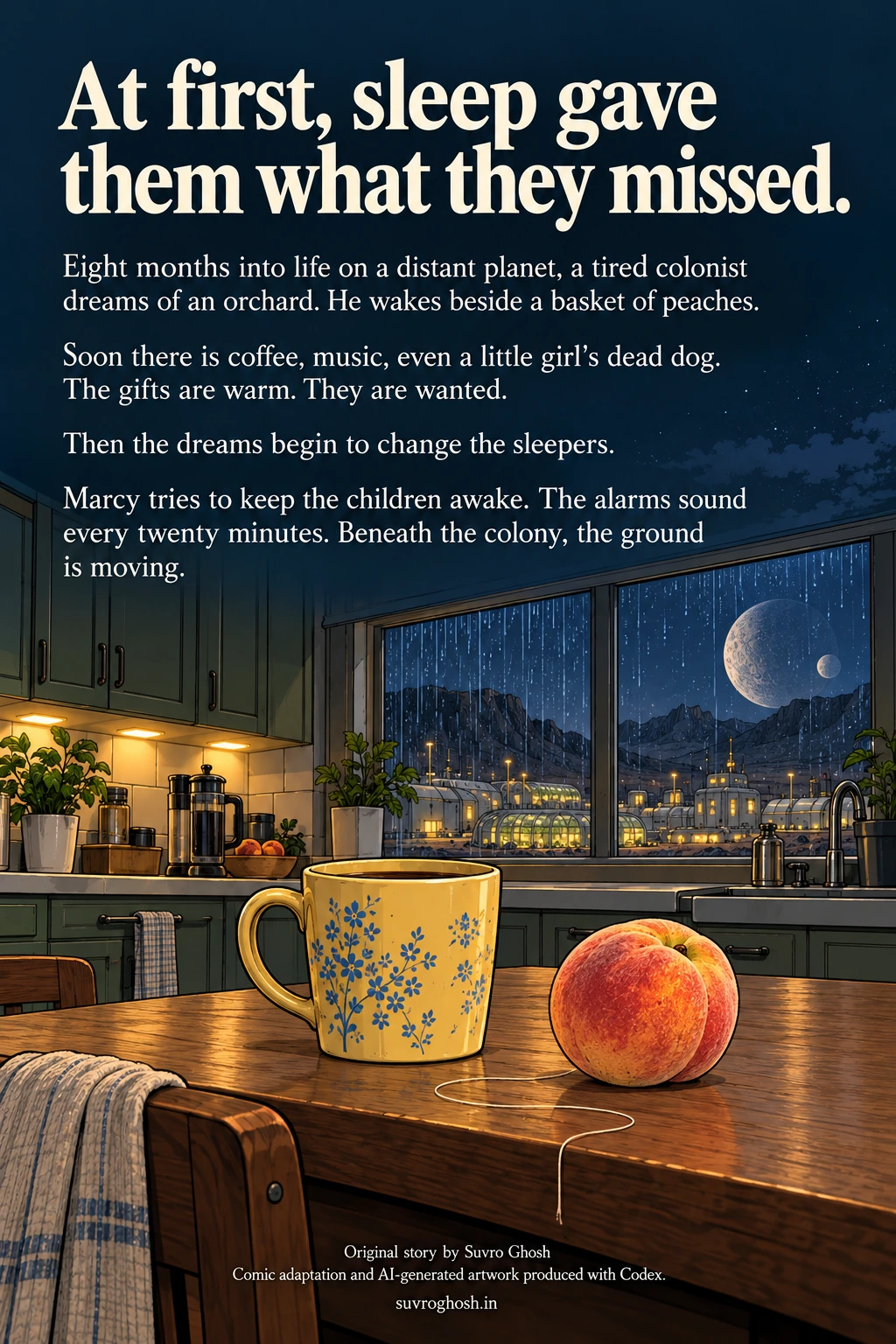 Back cover: the story blurb above an empty kitchen table, yellow mug, peach and a fine pale thread.