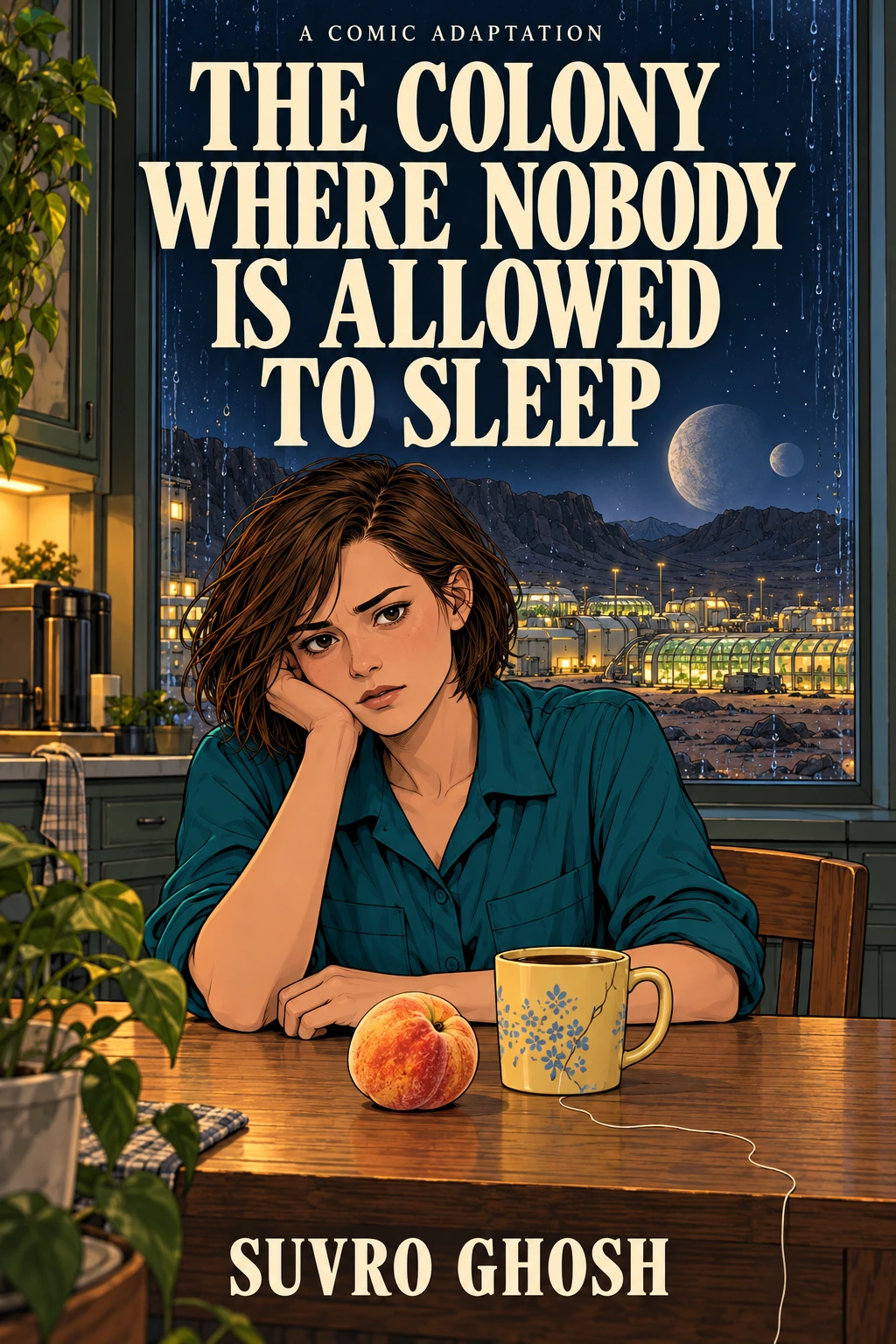 Front cover: an exhausted Marcy at a kitchen table with a yellow floral mug and a peach, the off-world colony beyond the window.