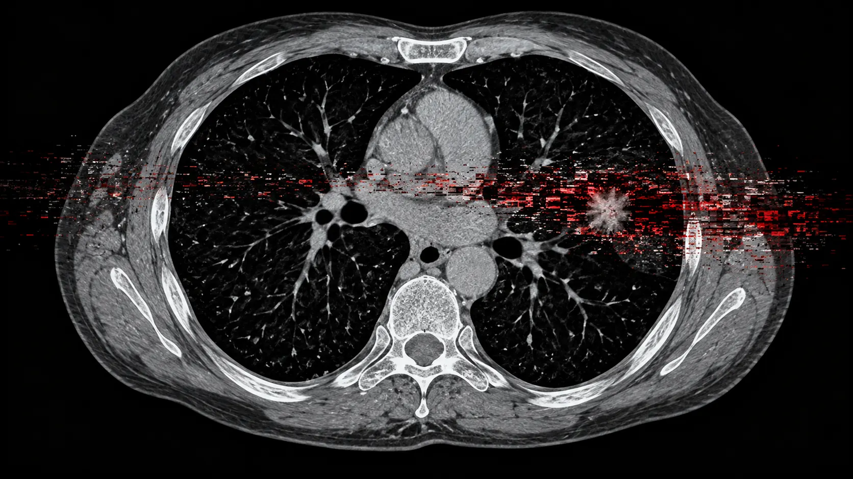 Illustration of a grayscale chest CT scan crossed by red digital static, with a pale nodule in one lung.