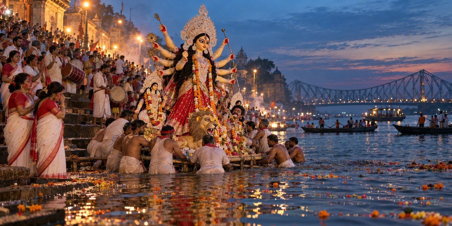 Illustration of a Durga idol being lowered into the Hooghly at dusk, with crowds at a ghat and Howrah Bridge behind.