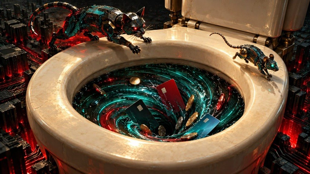 A robotic cat and mouse face off on the rim of a giant toilet bowl while payment cards and coins swirl in a glowing vortex above a circuit-board city.