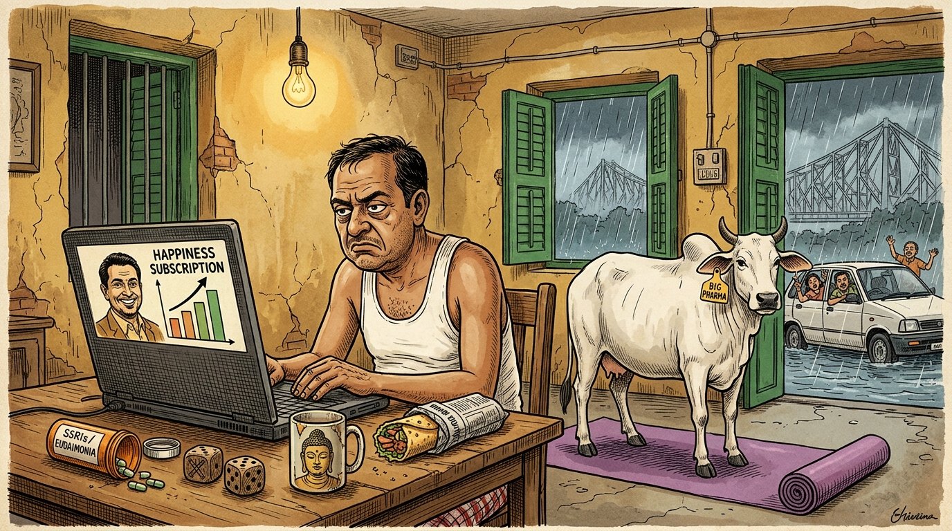 A scowling Bengali man in a vest sits at a wooden table in a Calcutta room staring at a 'Happiness Subscription' guru and chart on his laptop beside an 'SSRIs / Eudaimonia' pill bottle, Viking dice, a Buddha mug, and a street roll, while a cow tagged 'Big Pharma' stands on a purple yoga mat and a Maruti 800 with gesturing passengers sits in monsoon floodwater outside near Howrah Bridge.