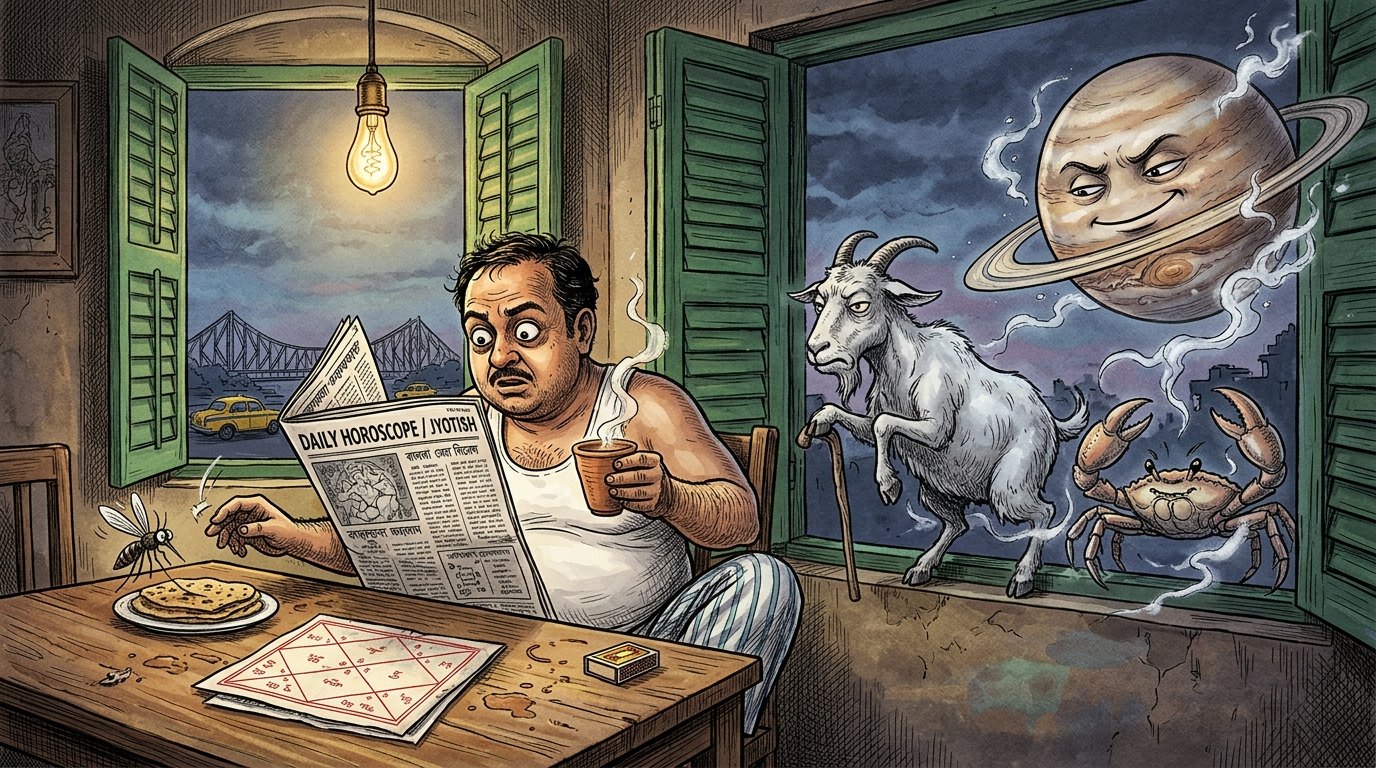 A wide-eyed Bengali babu in a vest reads a 'Daily Horoscope / Jyotish' newspaper page over scalding tea, parathas, a kundali chart, and matchsticks in a Calcutta room while a giant mosquito hovers nearby and an arthritic goat with a cane, an irritable crab, and a smug ringed planet float outside the colonial window near Howrah Bridge.