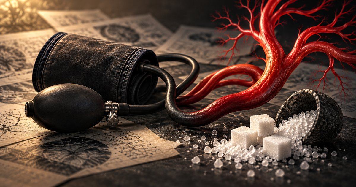 A black blood pressure cuff and its tubing merge into branching red arteries beside sugar cubes and scattered salt crystals.