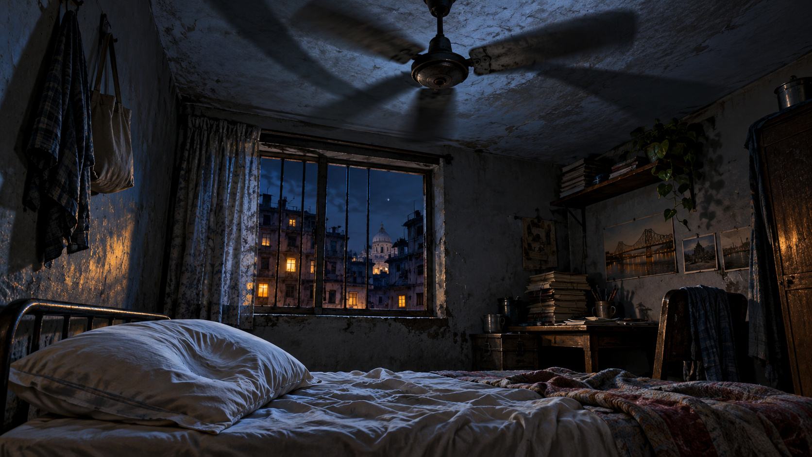 An empty rumpled bed beneath a spinning ceiling fan in a dim Calcutta room, with books on a desk and distant windows glowing amber.