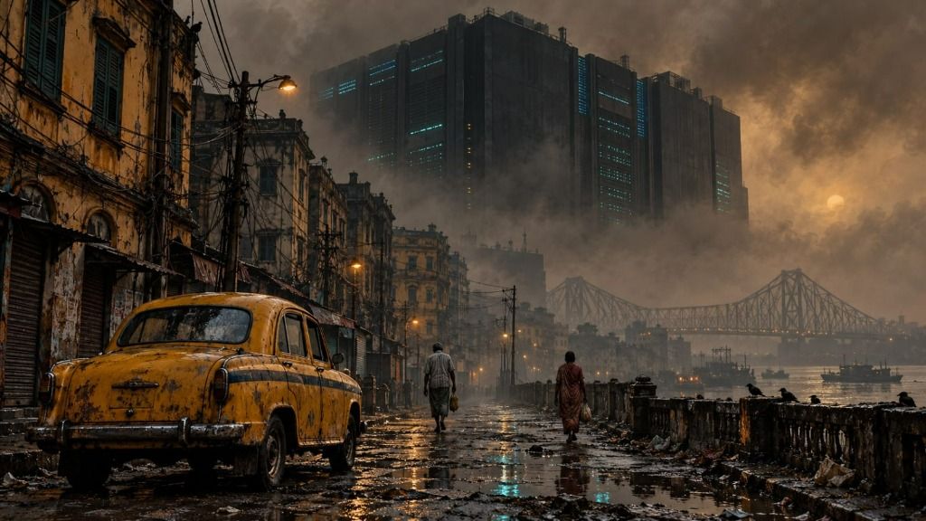 A weathered yellow Ambassador taxi and pedestrians on a wet Calcutta street beside the Hooghly River and Howrah Bridge, with a monolithic glowing data center towering through thick smog.