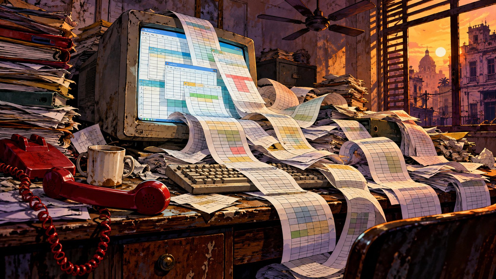 An old Calcutta office desk buried in spreadsheet printouts, with a glowing computer, an off-hook red telephone, and sunset through the window.