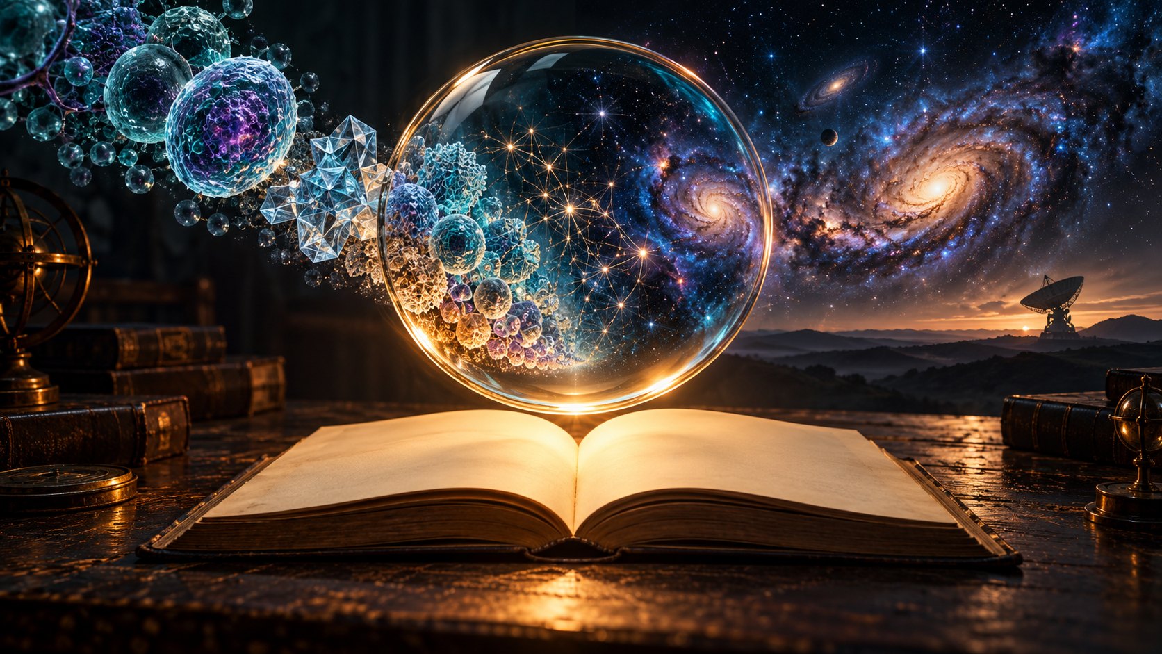 An open blank book beneath a glowing lens linking microscopic structures, a luminous network, and galaxies, with a radio telescope on the horizon.