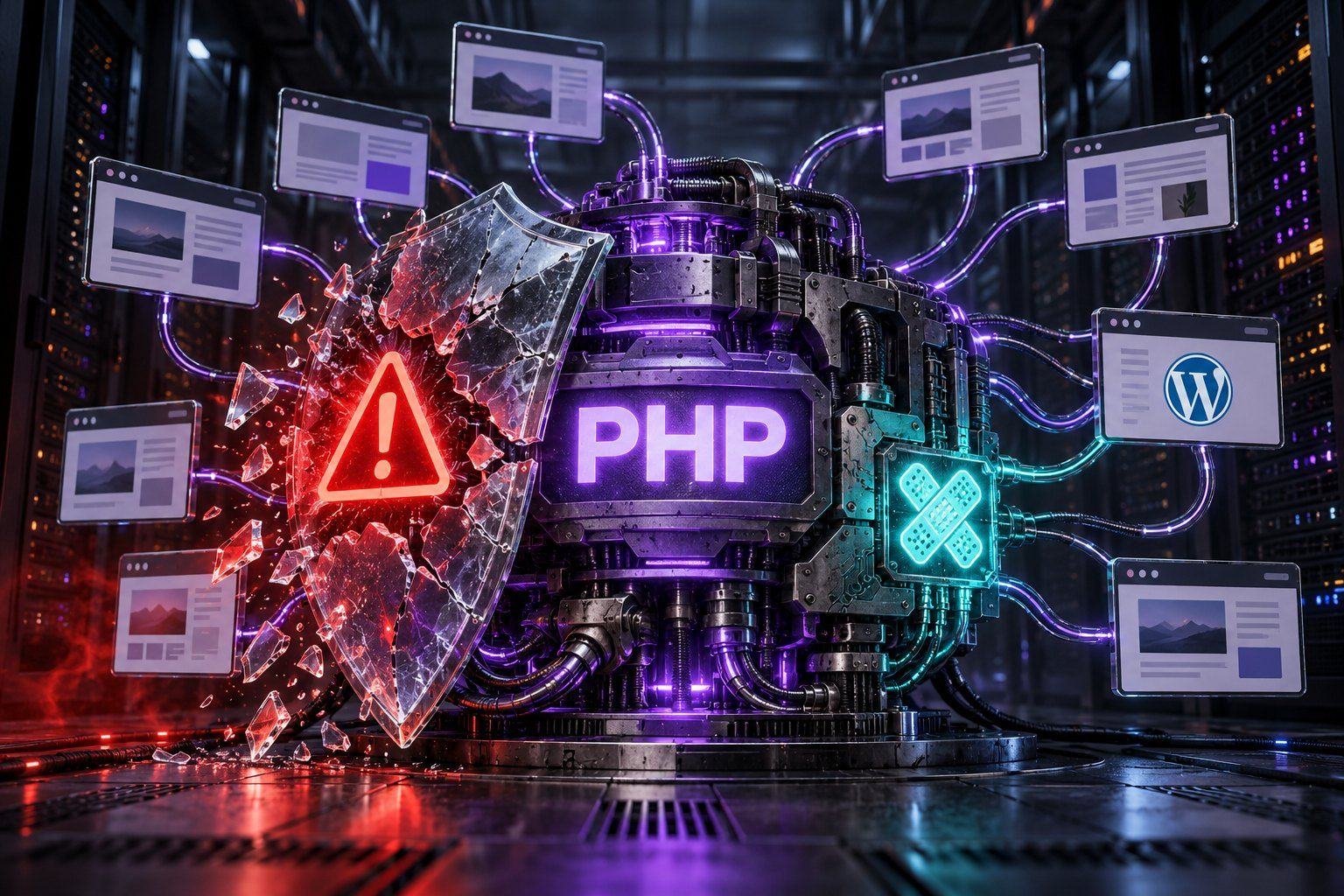 A glowing PHP engine connects website panels, including a WordPress panel, beside a red warning triangle, a shattered shield, and a turquoise repair symbol.
