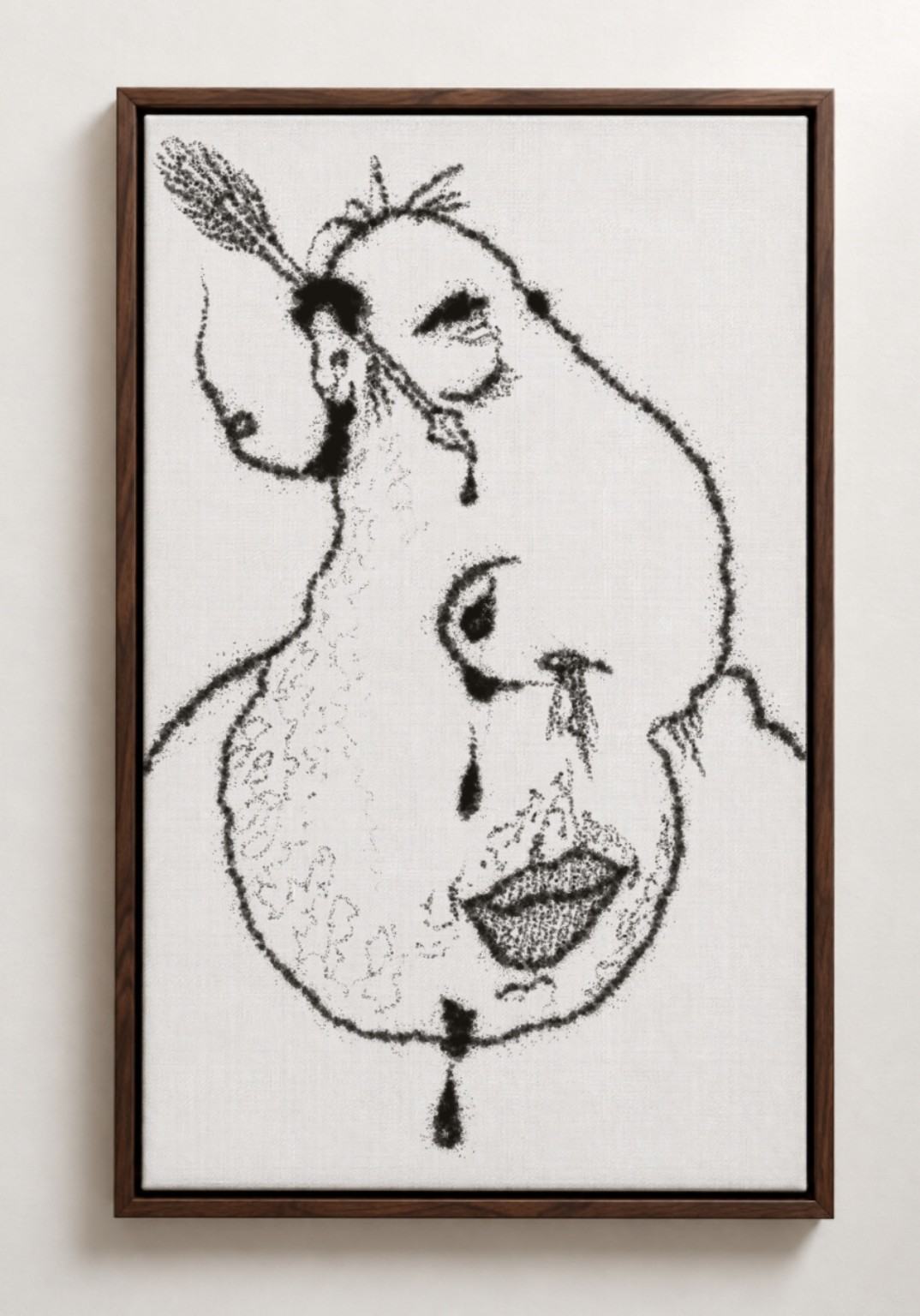 A framed black-and-white drawing of two overlapping, tearful faces forming a looping shape.