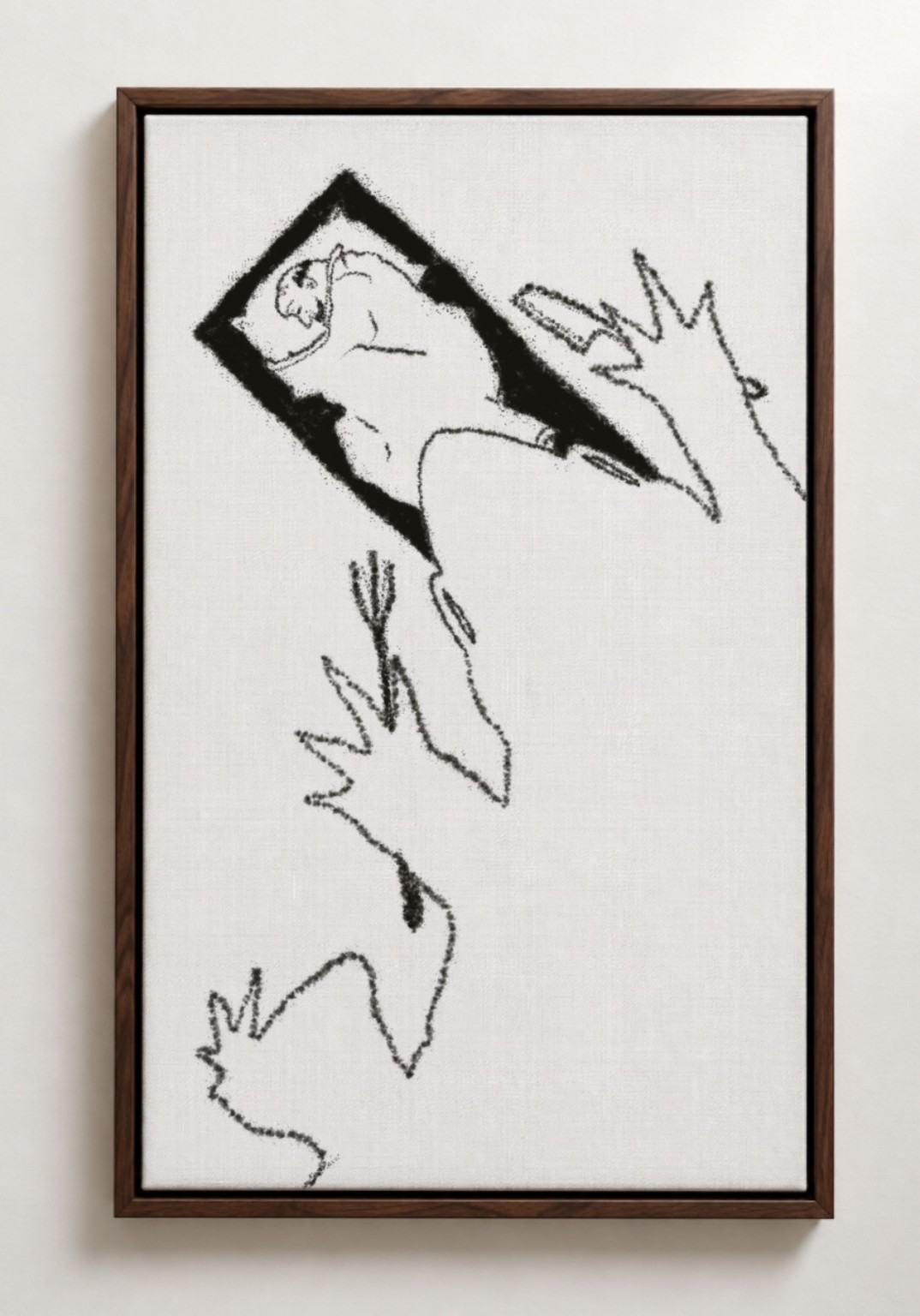 A framed black-and-white drawing of a hunched figure inside a tilted rectangle, with elongated limbs and jagged hands extending beyond it.