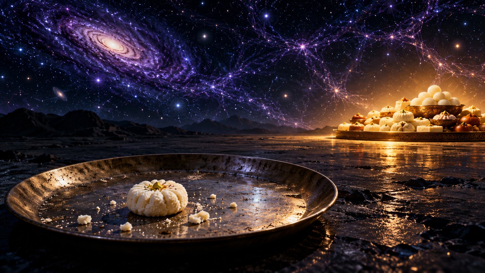 A lone sandesh on a worn metal plate beneath a starry sky, with abundant sweets glowing in the distance.
