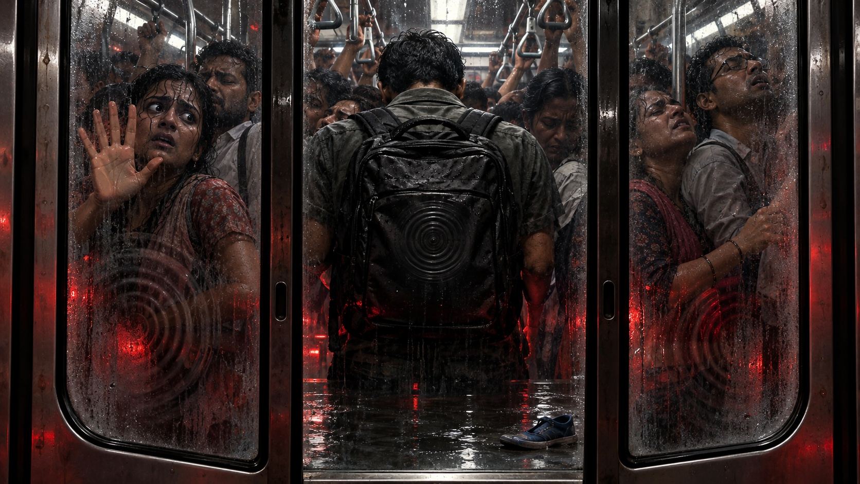 Frightened passengers crowd a metro carriage behind wet glass around a man with a black backpack, with red light below and a blue shoe on the floor.