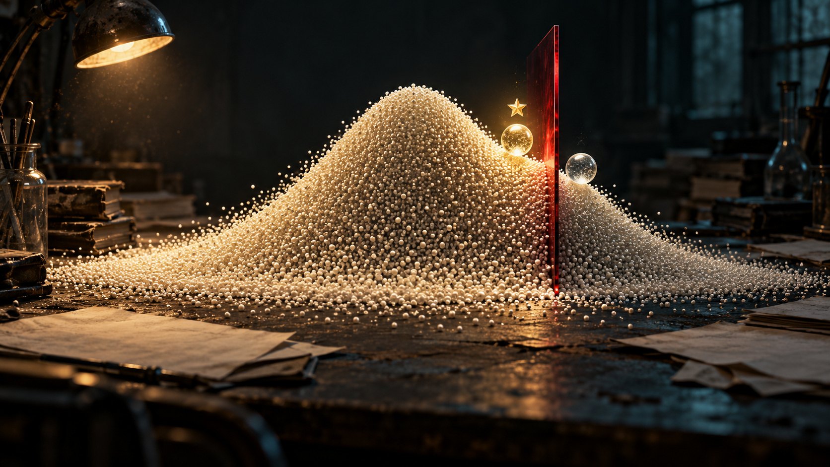 A bell-shaped mound of pale particles on a dark laboratory desk is divided by a red glass panel, with a glowing gold star above one of two glass spheres.