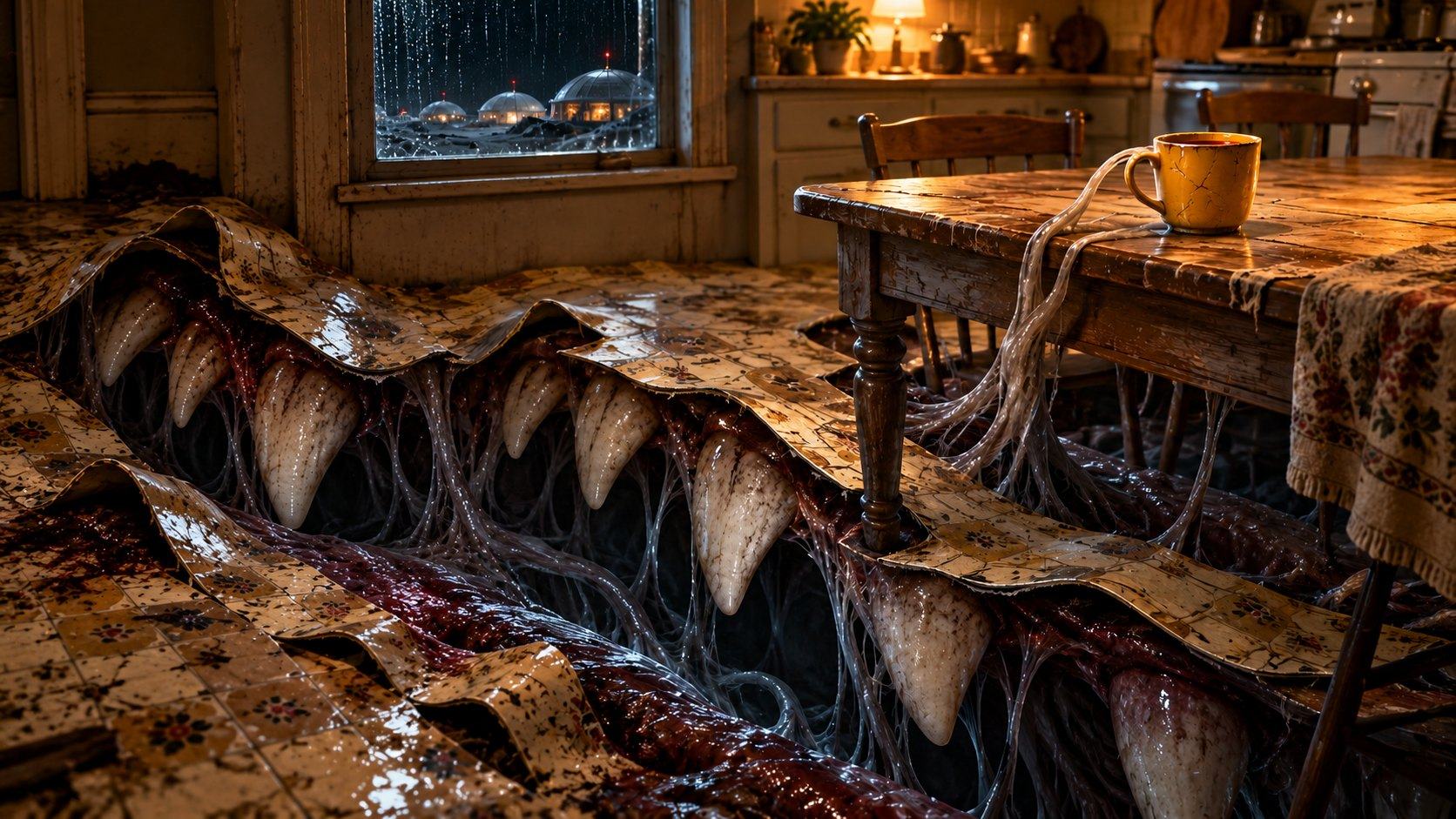 A yellow coffee cup on a kitchen table above a huge toothed opening in the floor, with pale tendrils and colony domes visible through a rain-streaked window.