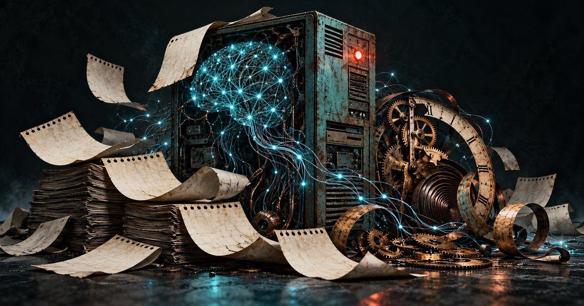 A weathered computer with glowing cyan neural circuitry, surrounded by curling paper, copper gears, and a broken clock.
