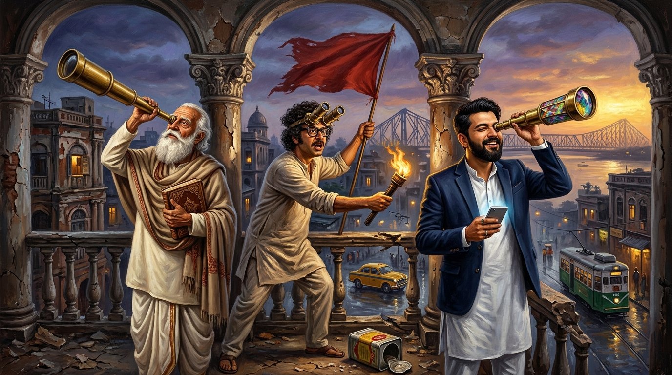Three generations of Calcutta Bengali men on a crumbling colonial balcony pass a glowing torch while peering through ornate brass tunnel-vision spectacles.