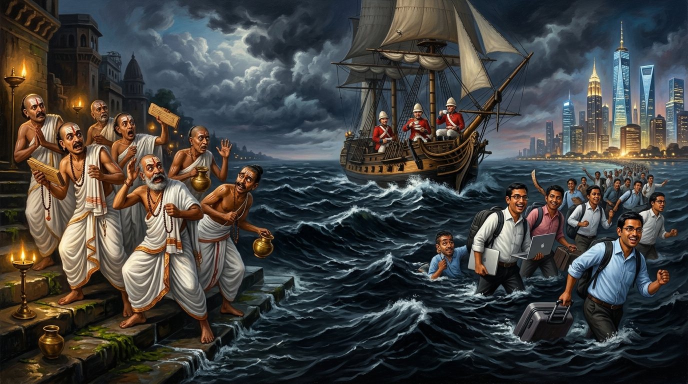 Horrified nineteenth-century Calcutta Brahmins on a lamp-lit ghat recoil from dark ocean waves as a British colonial ship sails past and modern Indian immigrants wade toward a Western skyline.