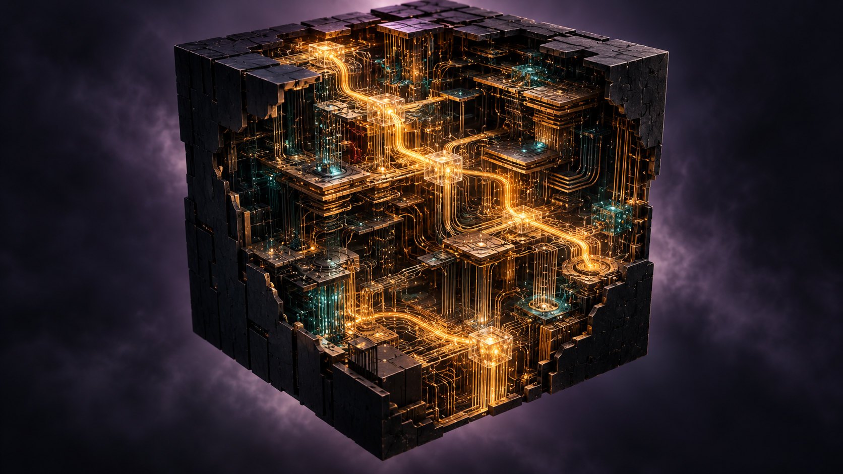 A black cube cut open to reveal intricate circuitry and glowing amber pathways.