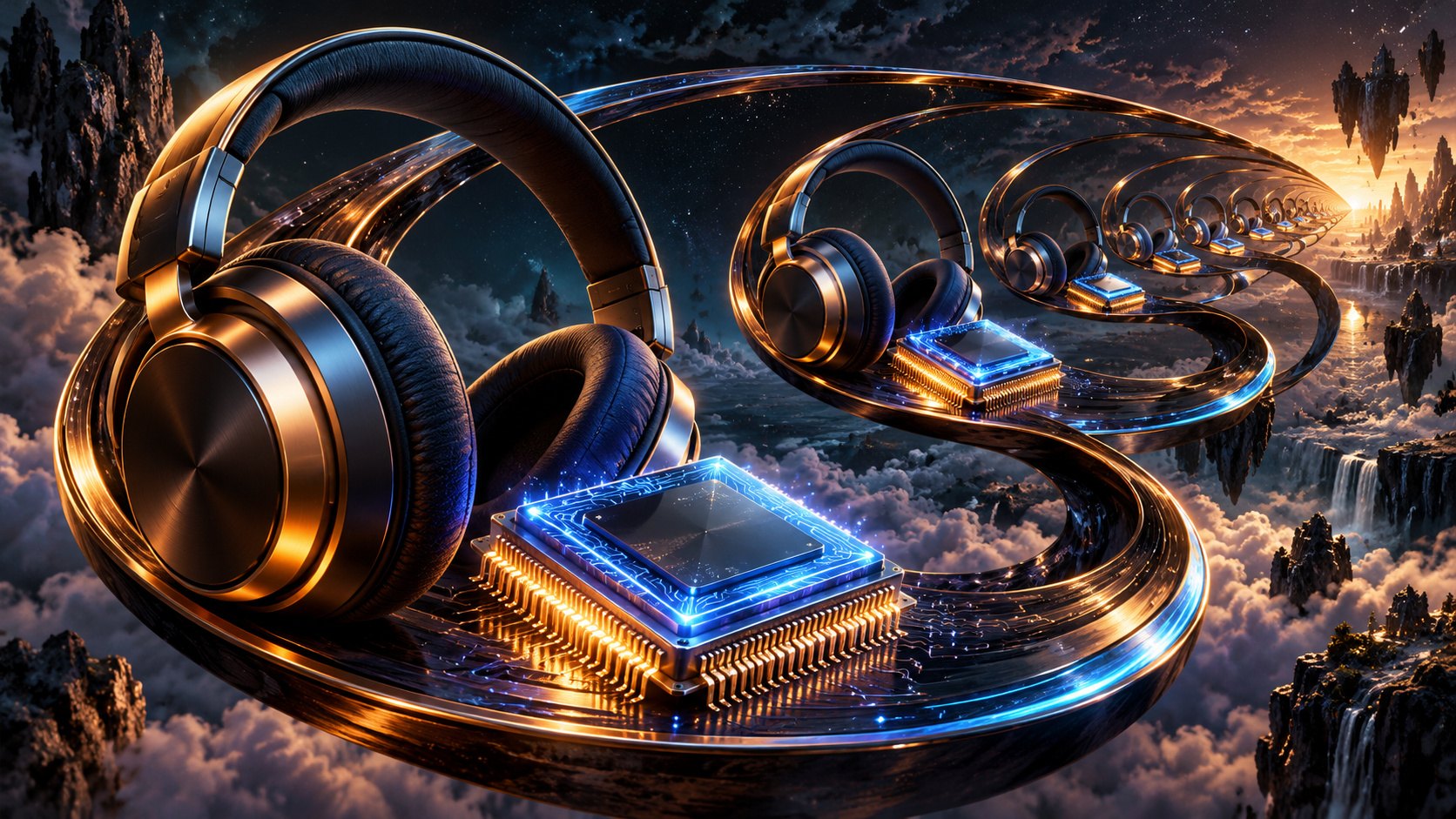 Black and gold headphones and glowing computer chips repeat along a looping path through a surreal sky.