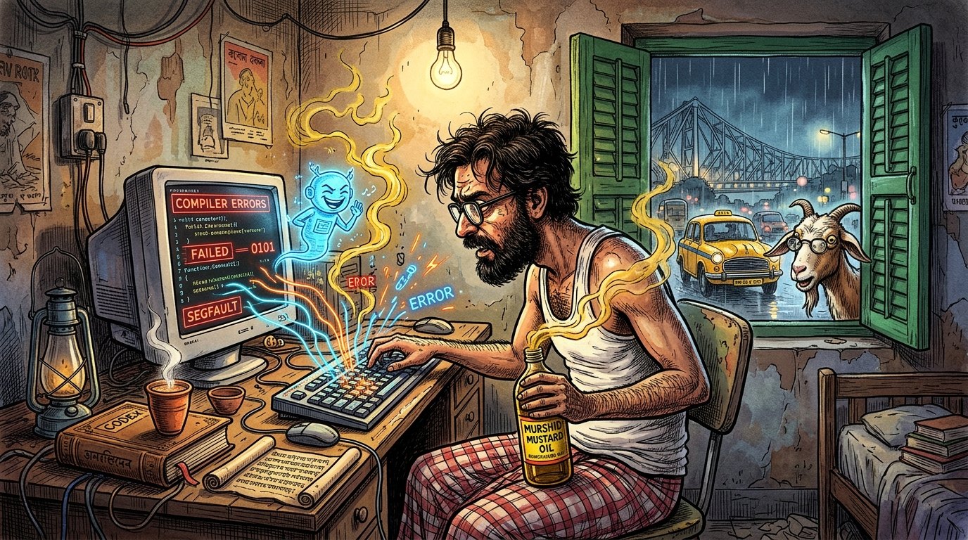 A disheveled Bengali programmer in a Calcutta room types frantically on a sparking keyboard while holding a bottle of mustard oil, watched by a giggling holographic AI sprite on his compiler-error monitor and a spectacled goat outside the rainy colonial window near Howrah Bridge.