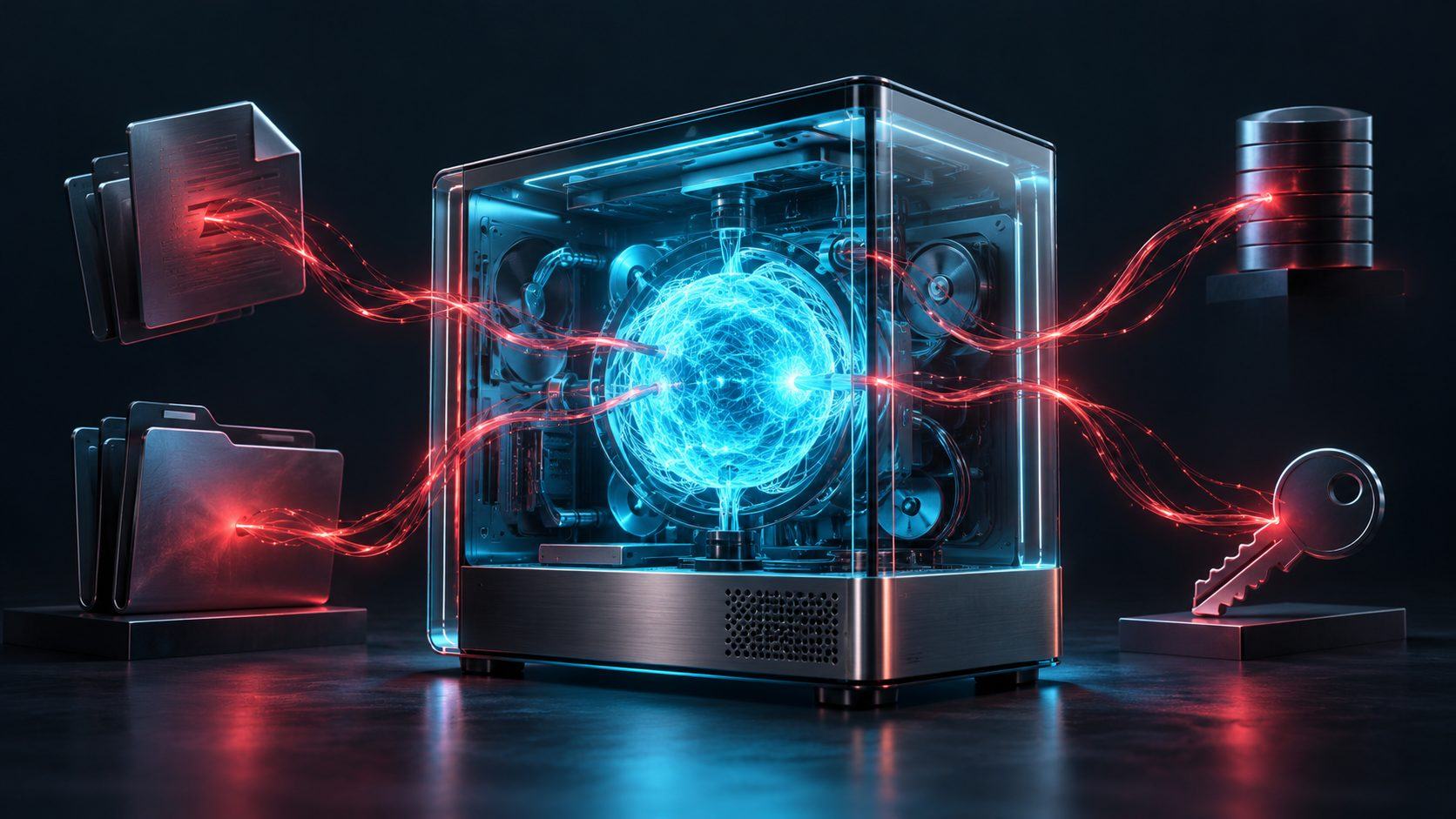 A glowing cyan AI core inside a transparent desktop computer, with red filaments reaching toward files, a database, and a key.