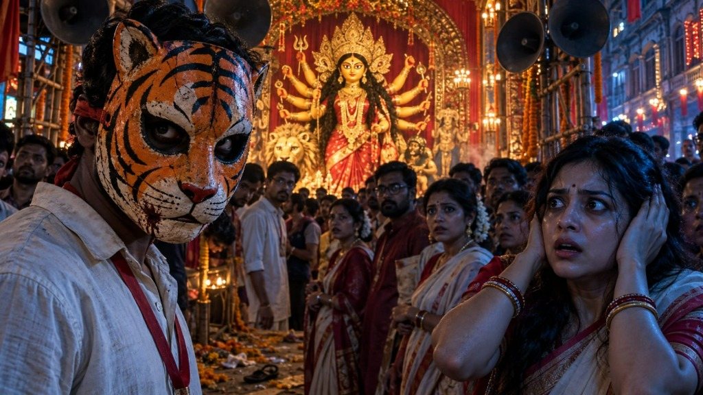 Inside a brightly lit Kolkata Durga Puja pandal beneath loudspeaker horns and a grand idol of Goddess Durga, a volunteer in a blood-stained tiger mask stares toward the viewer while a terrified woman in a red-bordered white sari presses both hands over her ears amid a bewildered crowd.