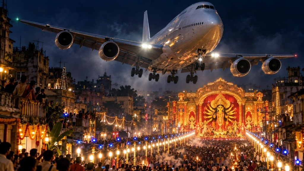 A massive Boeing 747 jumbo jet descends dangerously low at night with landing gear extended over a densely crowded Calcutta street lined with glowing festival lights leading to a brightly illuminated Durga Puja pandal.
