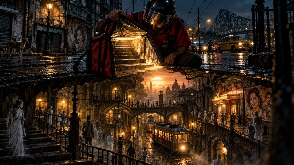 A delivery rider crouches over an open delivery bag on a dark, wet Calcutta street, revealing glowing stairs that lead into a subterranean city where a vintage tram runs through arches filled with ghostly crowds.