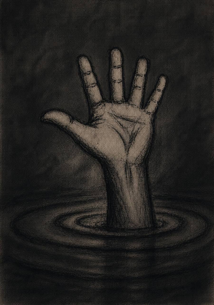 Monochrome charcoal drawing of an open hand rising from concentric dark ripples on woven canvas
