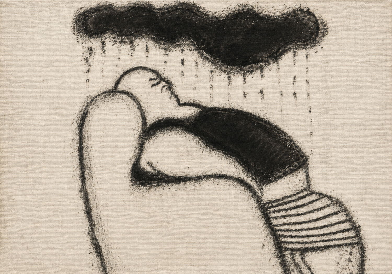 A solitary figure folded inward beneath a vast dark storm cloud as sparse rain falls.