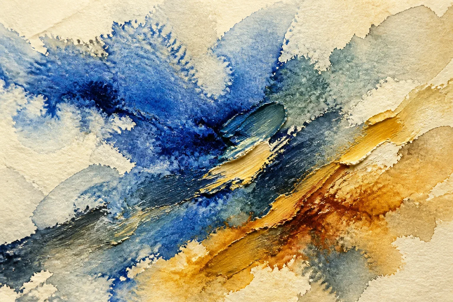 Abstract living pigments with translucent blue watercolor blooms, rust-red granulation, and thick ochre oil-like ridges