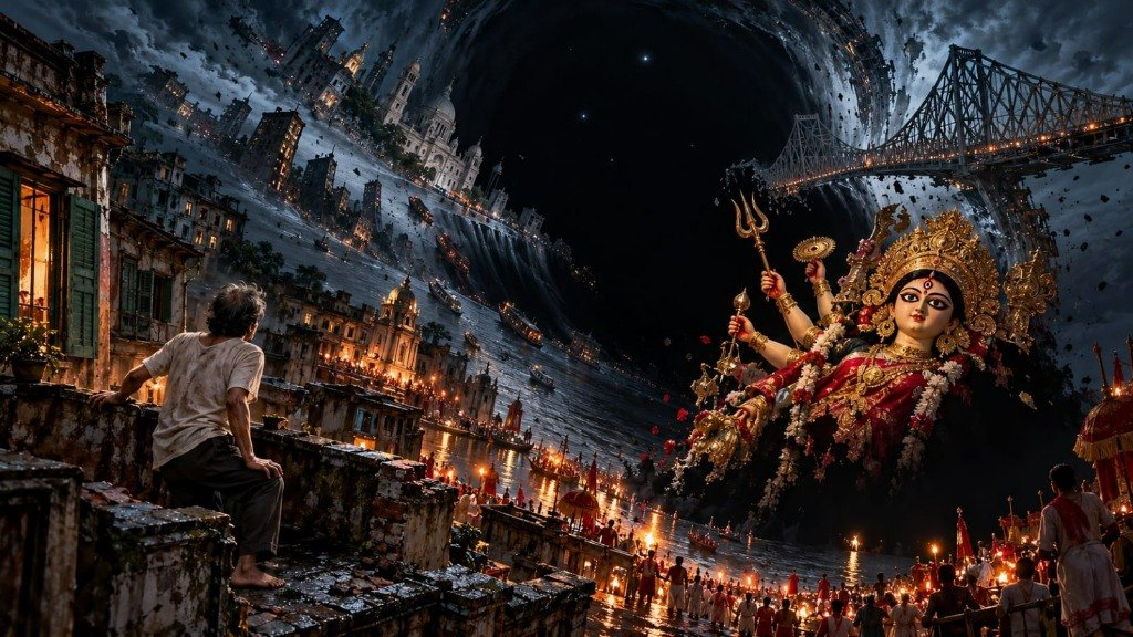 A man on a Calcutta balcony looks out as the city curves impossibly into an apocalyptic dark vortex in the sky, with the Howrah Bridge, Victoria Memorial, and an idol of goddess Durga drawn into the cosmic abyss during Dashami immersion.