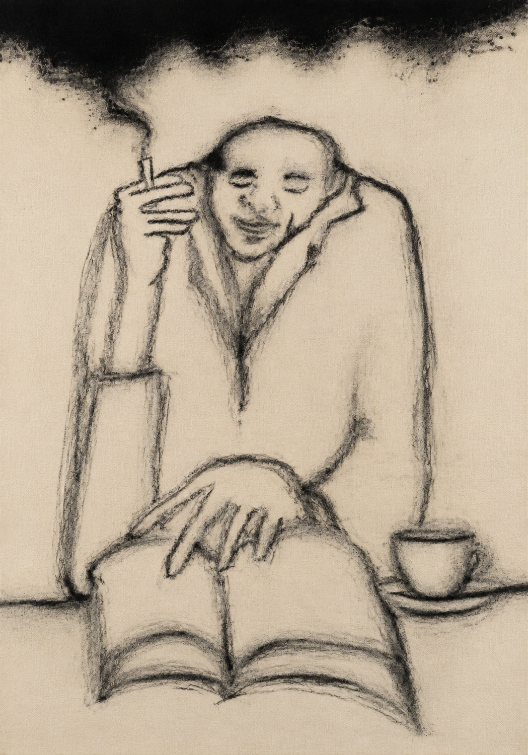 Sepia-toned sketch of a weary bald man smoking over an open book beside a cup beneath a dark cloud
