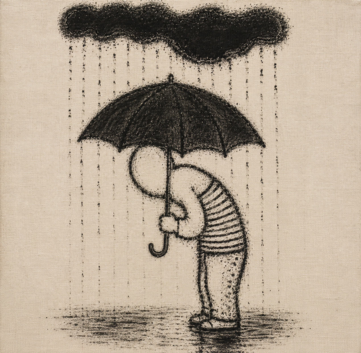 A lone bent figure shelters beneath an umbrella under a heavy rain cloud.