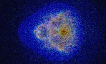 A monochrome Buddhabrot density field formed from wispy white orbit trails on black, resembling a seated luminous figure