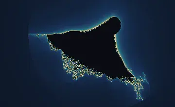 A Burning Ship fractal with a dark hull-like central body and many sharp, vertically layered golden and violet structures