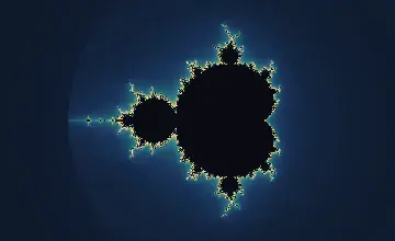 A complete Mandelbrot set with a black cardioid and circular bulbs surrounded by narrow purple and gold escape bands
