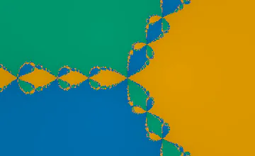 Three interlocking Newton basins in violet, amber and blue, each narrowing into branching boundaries around the other two
