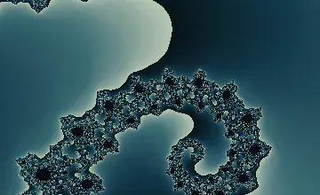 A close Mandelbrot boundary view filled with curling seahorse-like black forms, violet channels and thin gold escape contours