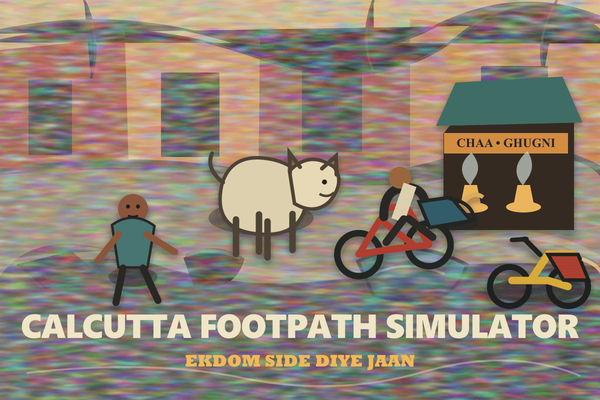 A hand-painted Calcutta pavement crowded by a cow, a motorbike, pedestrians, puddles, a tea stall, and one worried walker