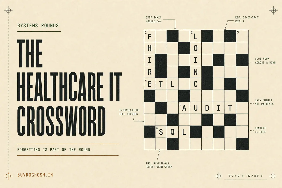 An editorial cream-and-black field sheet for The Healthcare IT Crossword, with FHIR, LOINC, ETL, AUDIT and SQL written into the grid