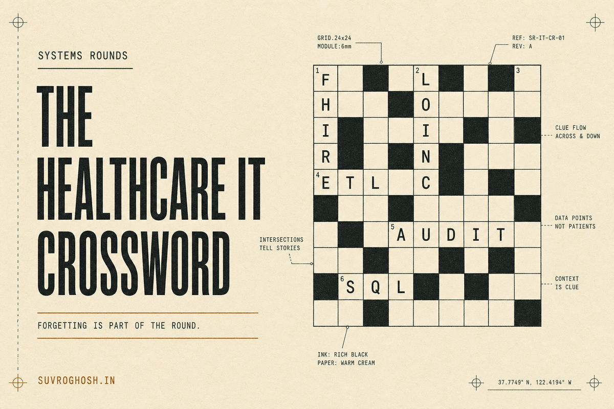 An editorial cream-and-black field sheet for The Healthcare IT Crossword, with FHIR, LOINC, ETL, AUDIT and SQL written into the grid