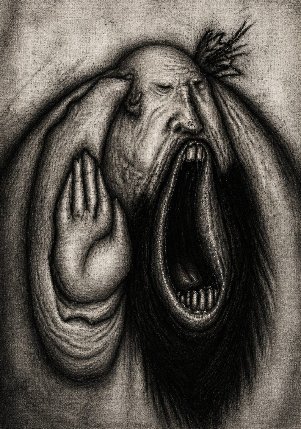 A distorted monochrome charcoal figure raises a prayer-like hand and screams from an enormous open mouth