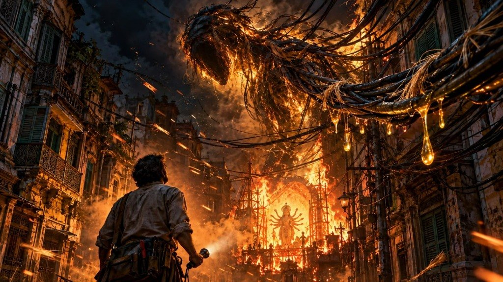 In a narrow Calcutta alley, a municipal electrician with a torch watches thick overhead cables sweating glowing droplets of ghee, forming a towering fiery entity above a burning Durga Puja pandal.