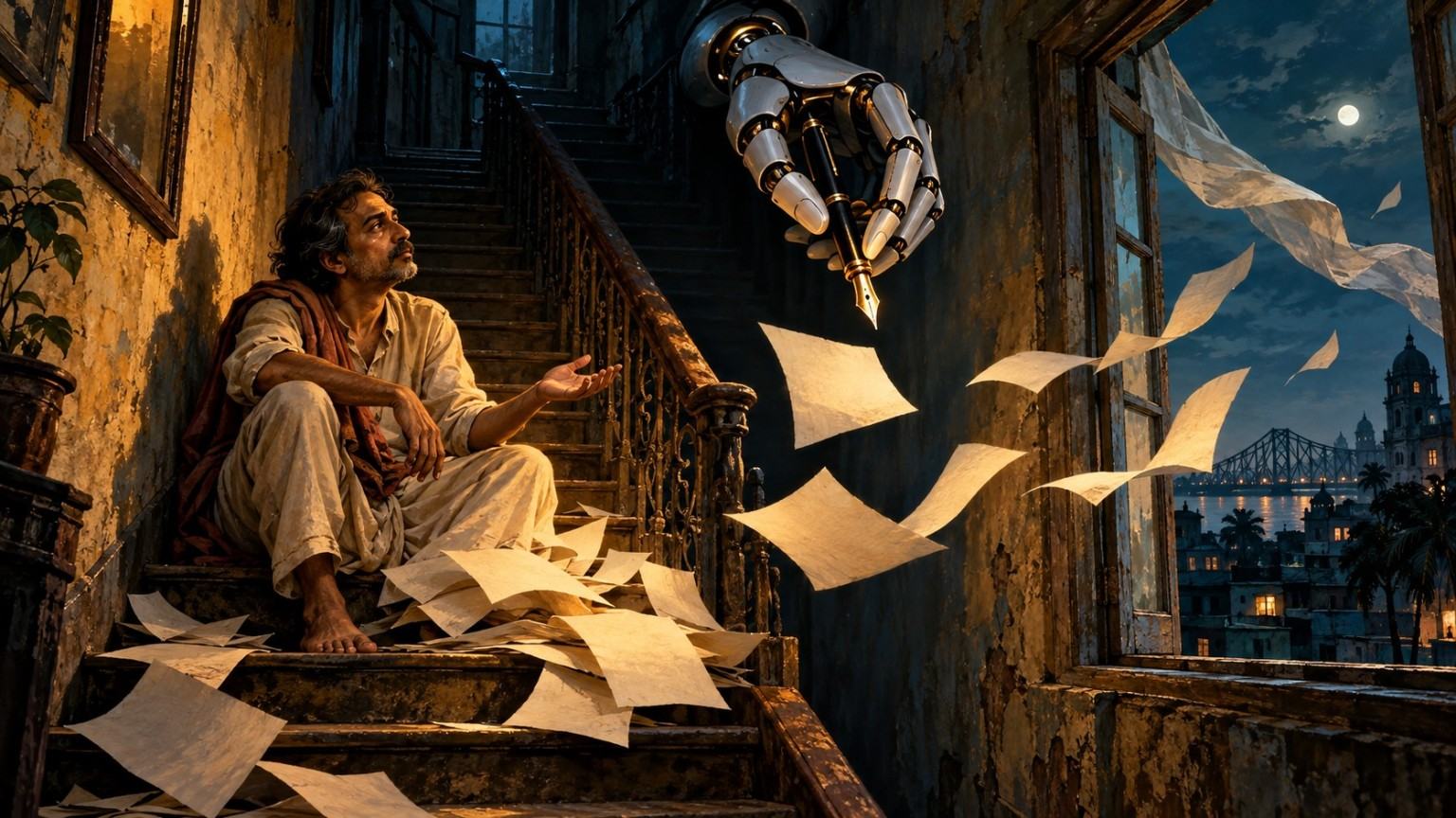 A man sits on a worn staircase beneath a robotic hand holding a fountain pen, while loose pages fly toward a moonlit window overlooking Calcutta.