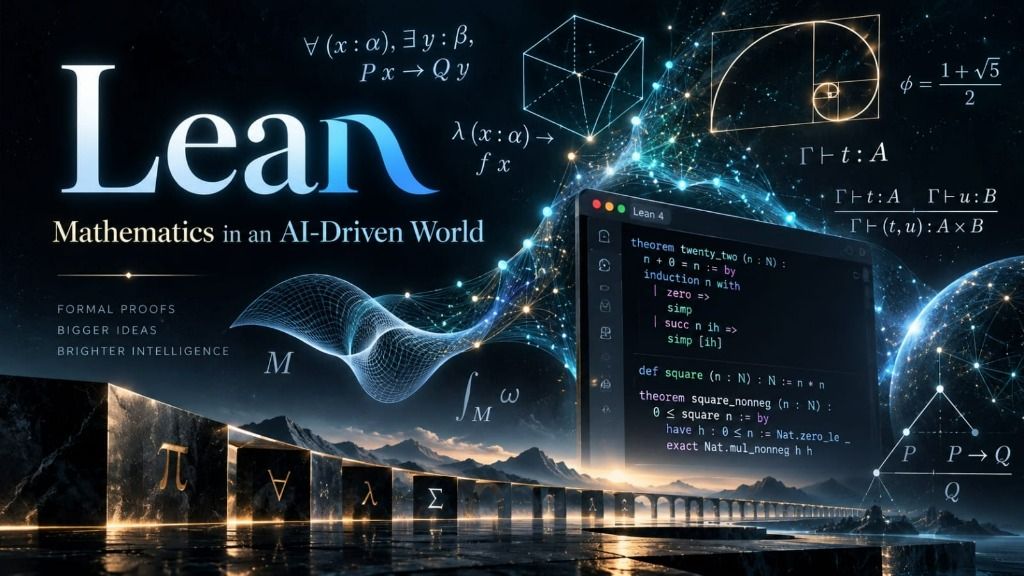 Against a cosmic backdrop of glowing blue-and-gold mathematical formulas, a Fibonacci spiral, and a wireframe cube, the title 'Lean: Mathematics in an AI-Driven World' stands beside a dark Lean 4 code editor showing formal proofs on natural numbers, above a monumental stone bridge carved with logical and mathematical symbols.