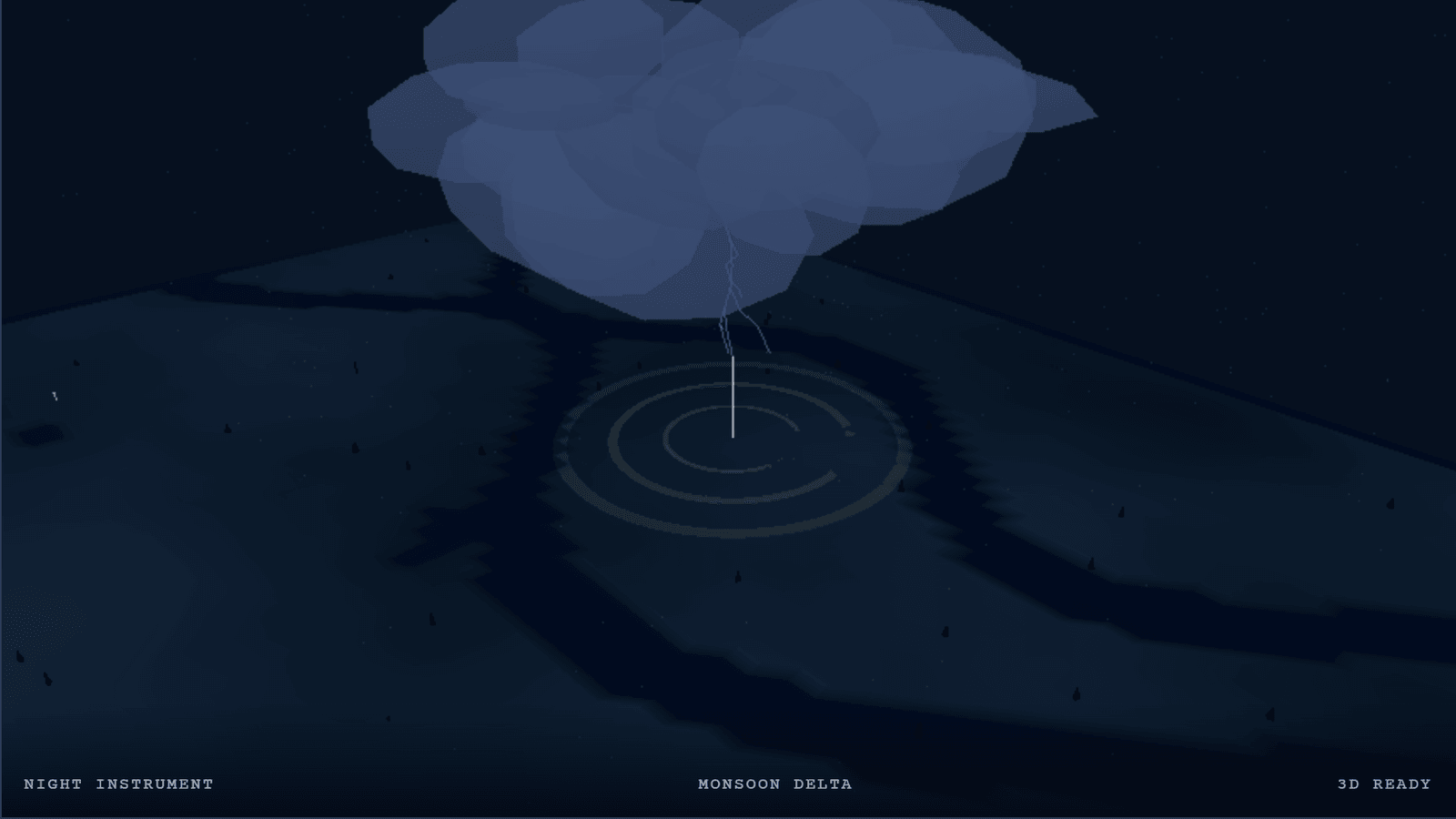 A dark procedural storm over a monsoon landscape, with a branching leader descending towards several faint upward streamers