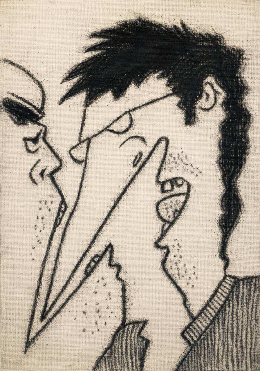 Monochrome line drawing of two exaggerated male profiles confronting each other nose-to-nose on textured cloth