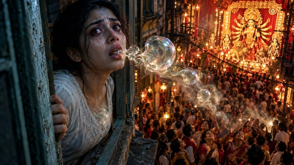 A distraught young woman leans out of a weathered window in Calcutta at night with tears in her eyes, exhaling glowing iridescent bubbles that drift over a crowded street toward an illuminated Durga Puja pandal.